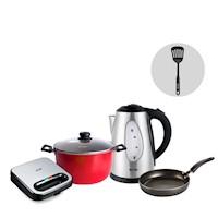 Combo Cocina Equipada- Hervidor + Sarten 18 + Olla 26 + Sandwichera