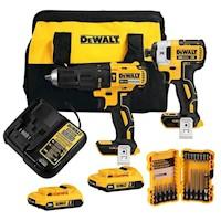 Taladro Percutor 1/2" + Atornillador de Impacto 1/4" 20V Brushless 2 Bat + Set 18 Pzs Dewalt DCK223D2-K2
